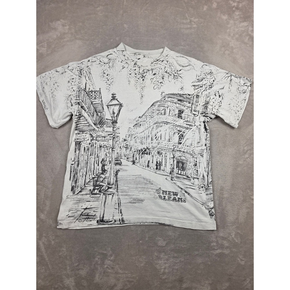 Vintage Single Stitch New Orleans T-Shirt Mens L White All Over Sketch Print